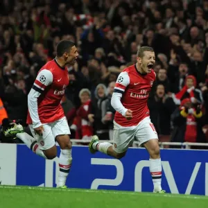 Jack Wilshere and Alex Oxlade-Chamberlain Celebrate Arsenal's First Goal vs Montpellier (2012-13)