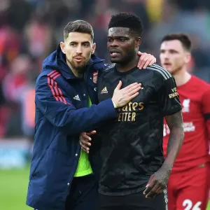 Jorginho and Thomas Partey Embrace After Intense Liverpool vs. Arsenal Clash (2022-23 Premier League) Jorginho and Thomas Partey Embrace After Intense Liverpool vs. Arsenal Clash (2022-23 Premier League)