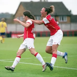 Karen Carney celebrates scoring arsenals 2nd goal with Lianne Sanderson