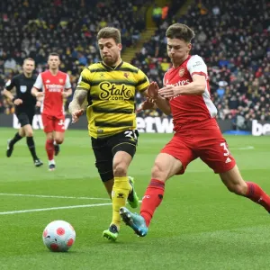 Kieran Tierney Clashes with Opponent in Watford vs Arsenal Premier League Match, 2021-22 Kieran Tierney Clashes with Opponent in Watford vs Arsenal Premier League Match, 2021-22