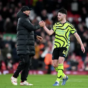 Klopp and Rice Share a Moment: Liverpool vs. Arsenal, Premier League 2023-24 Klopp and Rice Share a Moment: Liverpool vs. Arsenal, Premier League 2023-24
