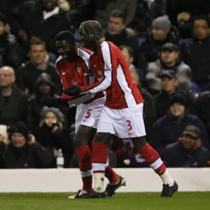 Kolo Toure celebrates scoring the 2nd Arsenal goal with Bacary Sagna