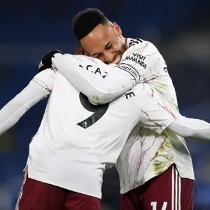 Lacazette and Aubameyang Celebrate Goal: Brighton & Hove Albion vs. Arsenal, Premier League 2020-21