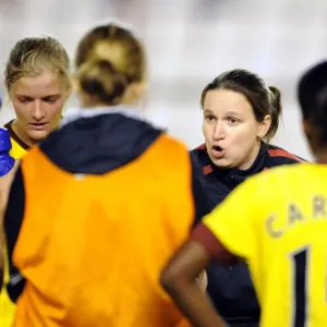 Laura Harvey the Arsenal Ladies Manager holds post match debreif on the pitch Laura Harvey the Arsenal Ladies Manager holds post match debreif on the pitch