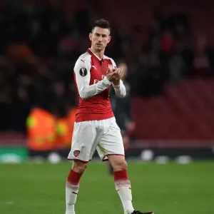 Laurent Koscielny Celebrates with Arsenal Fans after Europa League Quarterfinal Win