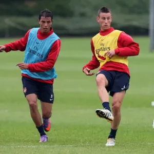 Laurent Koscielny and Marouane Chamakh (Arsenal). Arsenal Training Session Laurent Koscielny and Marouane Chamakh (Arsenal). Arsenal Training Session