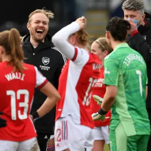 A Light-Hearted Moment: Arsenal's Jonas Eidevall and Manuela Zinsberger Share a Laugh on the Sidelines during Arsenal Women vs Manchester United Women A Light-Hearted Moment: Arsenal's Jonas Eidevall and Manuela Zinsberger Share a Laugh on the Sidelines during Arsenal Women vs Manchester United Women