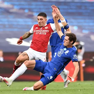 LONDON, ENGLAND - AUGUST 01: Hector Bellerin of Arsenal is challenged by Andreas Christensen of Chelsea during the FA