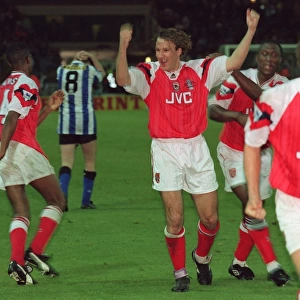 (L>R) Paul Davis, Paul Merson Kevin Campbell and John Jensen (Arsenal) celebrate winning the FA Cup