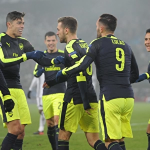 Lucas Perez celebrates scoring his and Arsenals 3rd goal with Gabriel and Alexis