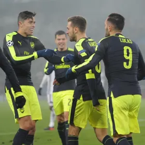 Lucas Perez celebrates scoring his and Arsenals 3rd goal with Gabriel and Alexis Lucas Perez celebrates scoring his and Arsenals 3rd goal with Gabriel and Alexis