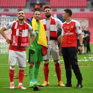 Lucas Perez, David Ospina, Olivier Giroud and Gabriel (Arsenal) after the match Lucas Perez, David Ospina, Olivier Giroud and Gabriel (Arsenal) after the match
