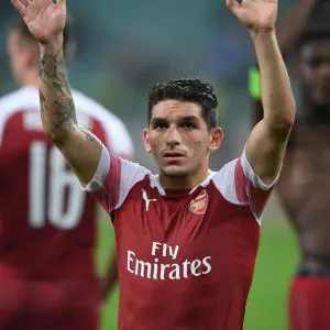 Lucas Torreira Celebrates with Arsenal Fans after Qarabag Victory, UEFA Europa League 2018-19 Lucas Torreira Celebrates with Arsenal Fans after Qarabag Victory, UEFA Europa League 2018-19