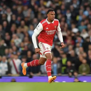 MANCHESTER, ENGLAND - APRIL 26: Gabriel Magalhaes of Arsenal during the Premier League match between Manchester City and Arsenal FC at Etihad Stadium on April 26, 2023 in Manchester, England. (Photo by David Price/Arsenal FC via Getty Images) MANCHESTER, ENGLAND - APRIL 26: Gabriel Magalhaes of Arsenal during the Premier League match between Manchester City and Arsenal FC at Etihad Stadium on April 26, 2023 in Manchester, England. (Photo by David Price/Arsenal FC via Getty Images)