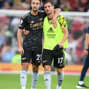 Manchester United vs. Arsenal: 2022-23 Premier League Showdown - Arsenal Players Fabio Vieira and Cedric Celebrate Manchester United vs. Arsenal: 2022-23 Premier League Showdown - Arsenal Players Fabio Vieira and Cedric Celebrate