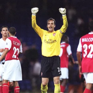 Manuel Almunia (Arsenal) celebrates in front of the Arsenal fans