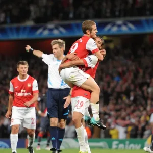 Marouane Chamakh celebrates scoring the 3rd Arsenal goal with Jack Wilshere Marouane Chamakh celebrates scoring the 3rd Arsenal goal with Jack Wilshere