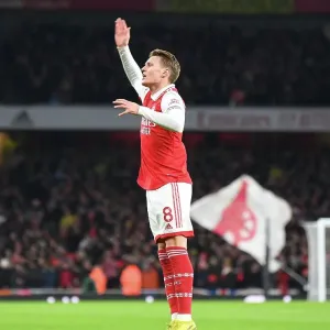 Martin Odegaard and Arsenal Team Celebrate Eddie Nketiah's Goal Against Manchester United (2022-23)
