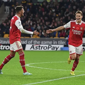 Martin Odegaard and Ben White: Dynamic Duo Celebrates Arsenal's Second Goal vs Wolverhampton Wanderers (2022-23)