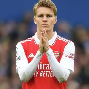 Martin Odegaard Celebrates with Arsenal Fans after Everton vs Arsenal Premier League Match, 2022-23