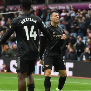 Martinelli and Nketiah Celebrate Arsenal's Four-Goal Lead Over Aston Villa (2022-23)