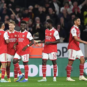 Martinelli, Odegaard, Jesus, Saka, and Partey Celebrate Arsenal's Goals Against Wolverhampton Wanderers (2022-23)