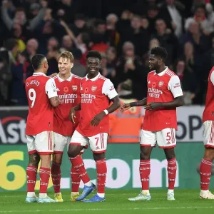 Martinelli, Odegaard, Jesus, Saka, and Partey Celebrate Arsenal's Goals Against Wolverhampton Wanderers (2022-23) Martinelli, Odegaard, Jesus, Saka, and Partey Celebrate Arsenal's Goals Against Wolverhampton Wanderers (2022-23)