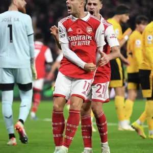 Martinelli and Vieira Celebrate Arsenal's First Goal Against Wolverhampton Wanderers (2022-23)