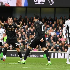 Martinelli and Xhaka Celebrate Arsenal's Winning Goal vs Fulham (2022-23)