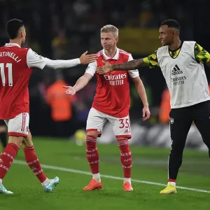Martinelli, Zinchenko, and Marquinhos Celebrate Arsenal's Second Goal vs. Wolverhampton Wanderers (2022-23)
