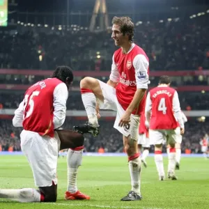 Mathieu Flamini celebrates scoring the 2nd Arsenal goal with Emmanuel Adebayor Mathieu Flamini celebrates scoring the 2nd Arsenal goal with Emmanuel Adebayor