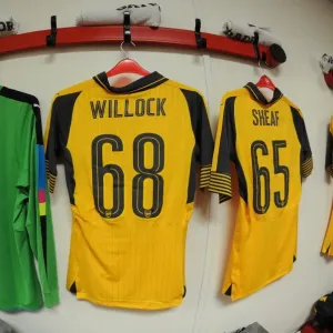 Matt Macey, Chris Willock and Ben Sheaf (Arsenal) shirts in the changingroom Matt Macey, Chris Willock and Ben Sheaf (Arsenal) shirts in the changingroom