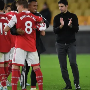 Mikel Arteta Celebrates with Arsenal Fans after Wolverhampton Wanderers Win