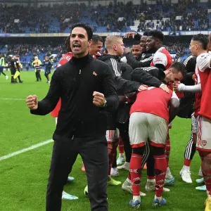 Mikel Arteta Celebrates Arsenal's Win Against Chelsea in the Premier League, London 2022
