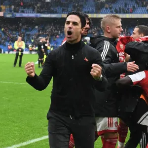 Mikel Arteta Celebrates Arsenal's Win at Stamford Bridge Against Chelsea (2022-23)