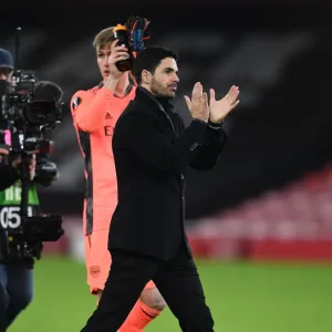 Mikel Arteta Celebrates Europa League Victory with Arsenal Fans at Emirates Stadium