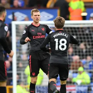 Monreal and Mertesacker Celebrate First Goal: Everton vs. Arsenal, 2017-18 Premier League Monreal and Mertesacker Celebrate First Goal: Everton vs. Arsenal, 2017-18 Premier League