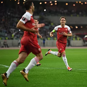 Nacho Monreal Celebrates Arsenal's First Goal Against Qarabag FK in Europa League Match