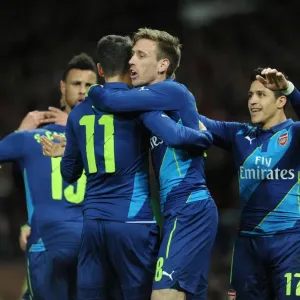 Nacho Monreal celebrates scoring Arsenals 1st goal with Mesut Ozil. Manchester United 1: 2 Arsenal Nacho Monreal celebrates scoring Arsenals 1st goal with Mesut Ozil. Manchester United 1: 2 Arsenal