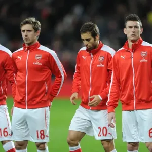 Nacho Monreal, Mathieu Flamini and Laurent Koscielny (Arsenal) before the match. Arsenal 1