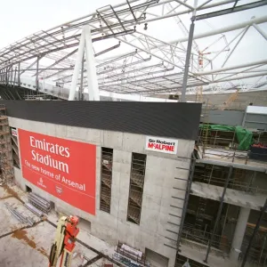 The New Arsenal Stadium photographed from a cradle suspended from a Tower Crane on the South of the