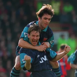 Paul Merson celebrates his goal for Arsenal with Eddie McGoldrick