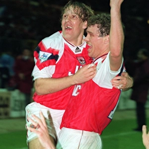 Paul Merson celebrates with John Jensen at the end of the game