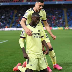Pepe and Martinelli Celebrate Arsenal's Win Against Crystal Palace (2020-21)