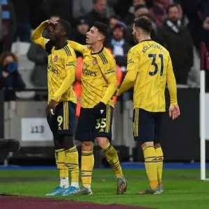 Pepe and Martinelli's Goal Celebration: Arsenal's Winning Moment vs. West Ham United (2019-20)