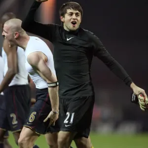 Phileppe Senderos and Lukasz Fabianski (Arsenal) celebrate at the end of the match