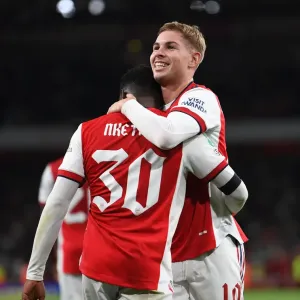 Print of Arsenal players celebrating a Carabao Cup victory Print of Arsenal players celebrating a Carabao Cup victory