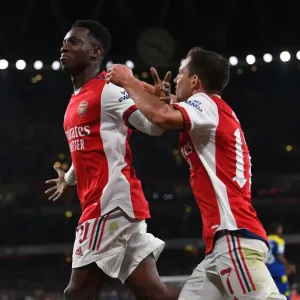 Print of Arsenal's Eddie Nketiah Celebrating Third Goal Print of Arsenal's Eddie Nketiah Celebrating Third Goal