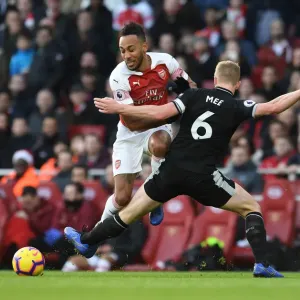 Print of Pierre-Emerick Aubameyang vs Ben Mee at Emirates Stadium Print of Pierre-Emerick Aubameyang vs Ben Mee at Emirates Stadium