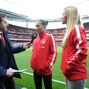 Rachel Yankey and Anouk Hoogendijk of the Arsenal Ladies are interviewed before the match
